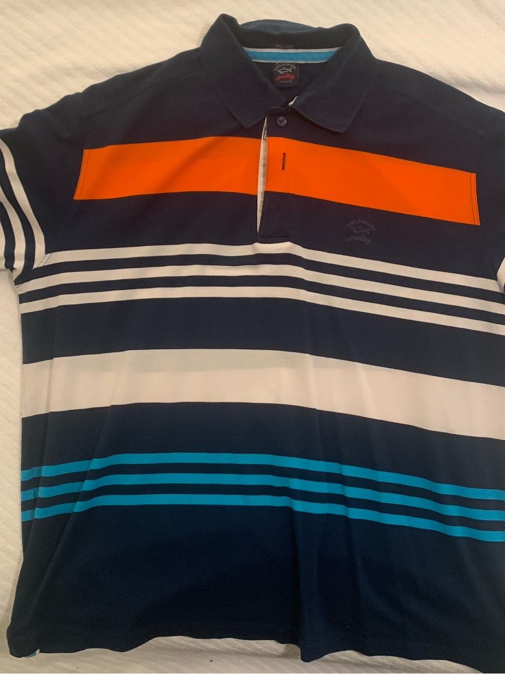 Paul & Shark Navy Polo with Orange Chest Stripe and Turquoise Accents